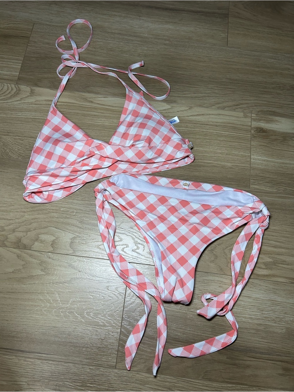 La Vie En Rose Pink and White Gingham Tie Bikini Set